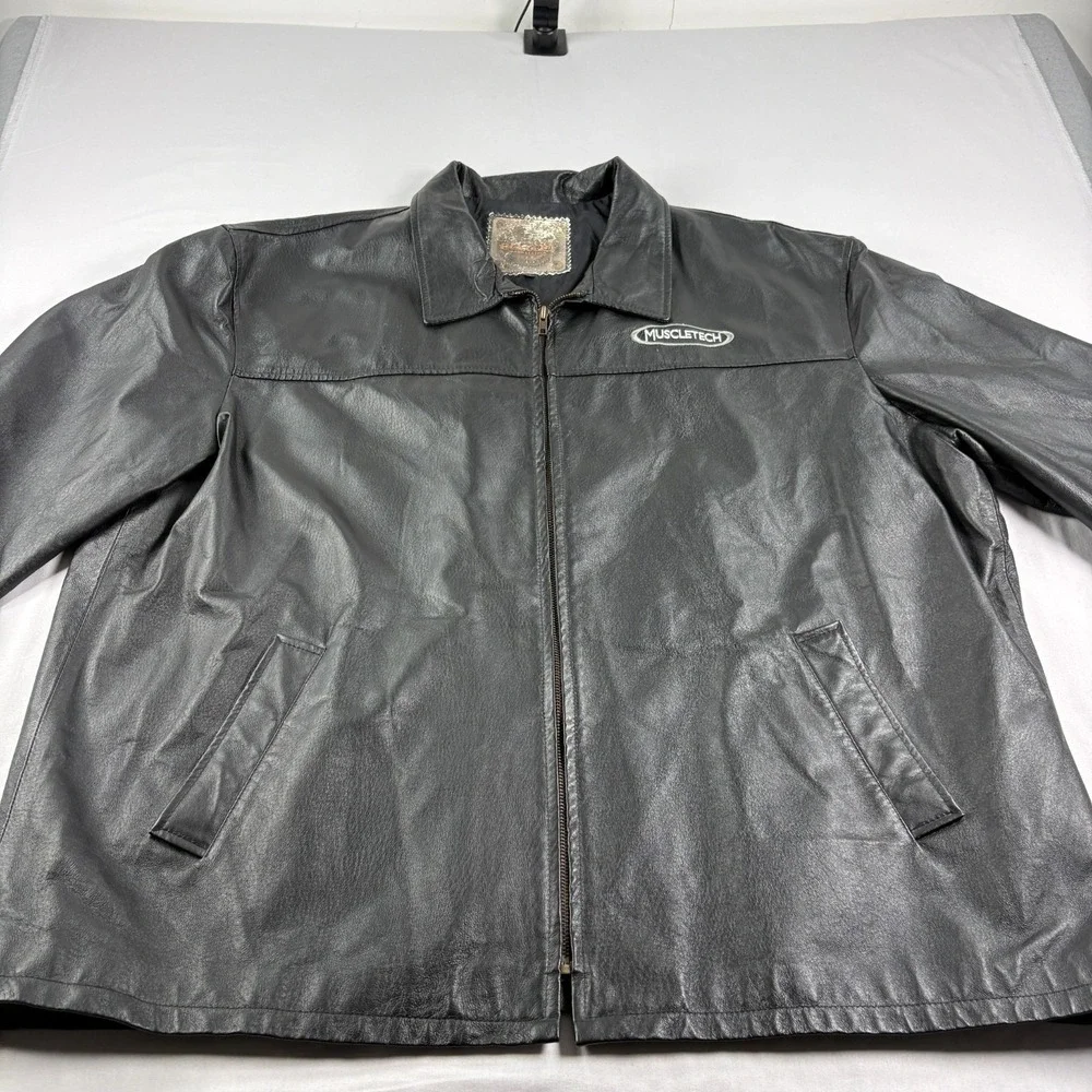 Vintage Saxon Leather Jacket‎ Mens 3XL Black Full Zip Bike Motorcyle Embroidered